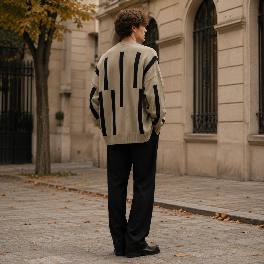 Retro del cardigan beige uomo con barre nere verticali e fondo a coste