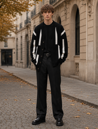 Cardigan uomo nero con blocchi bianchi verticali, scollo a V e bottoni