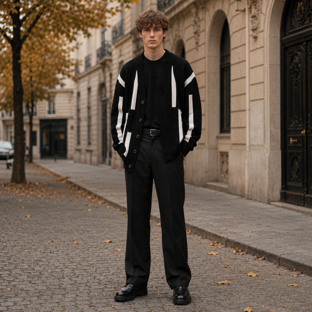 Cardigan uomo nero con blocchi bianchi verticali, scollo a V e bottoni