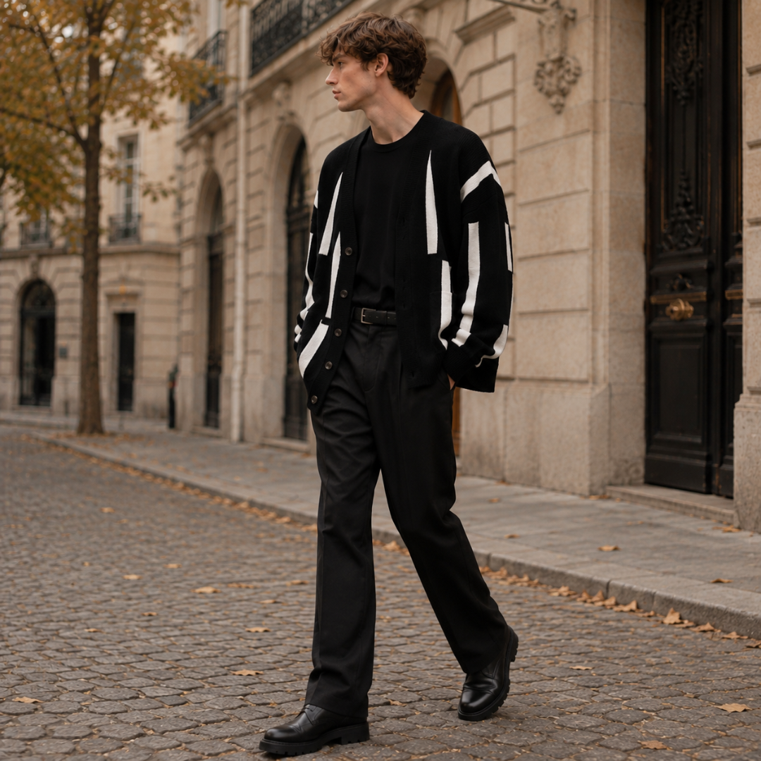 Cardigan nero uomo di tre quarti con motivo geometrico bianco a contrasto