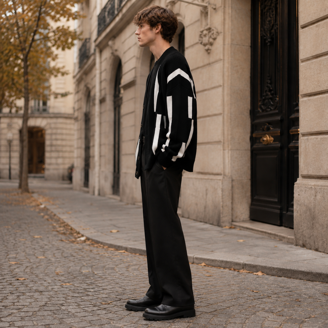Vista laterale del cardigan uomo nero con grafica bianca e polsini a coste