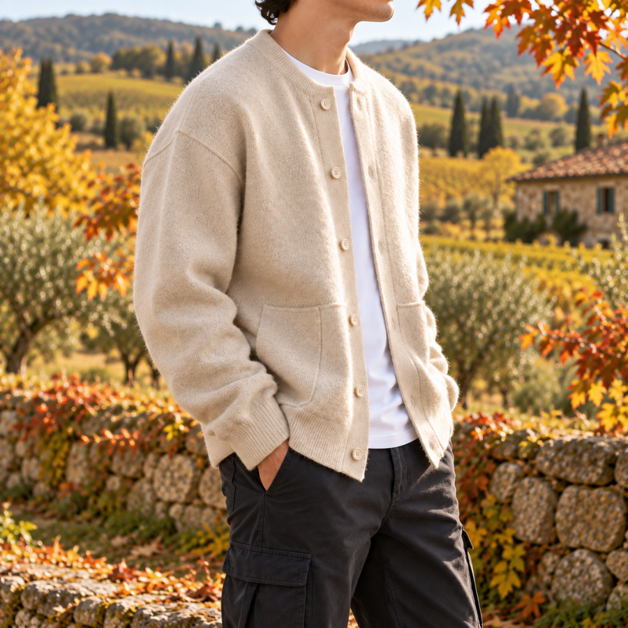 Cardigan uomo bianco visto di lato, con tasche applicate e polsini a coste