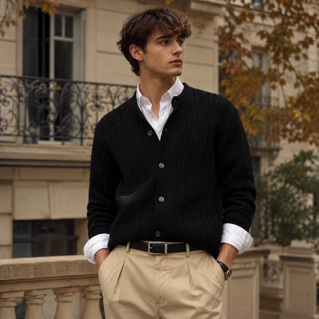 Cardigan uomo nero in maglia intrecciata con bottoni, su camicia bianca e pantaloni chiari