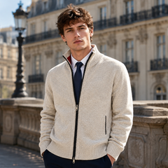 Cardigan uomo beige con zip integrale scura e aperture tasca sui fianchi