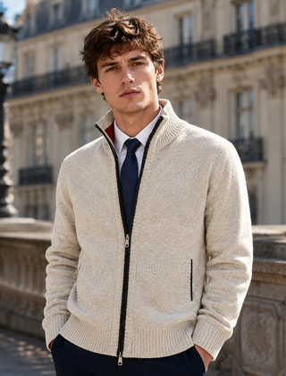 Cardigan uomo beige con zip integrale scura e aperture tasca sui fianchi