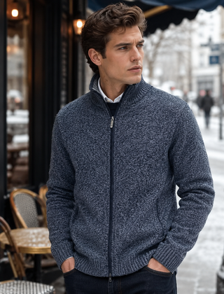 Cardigan uomo blu navy in maglia lavorata con zip e polsini a coste