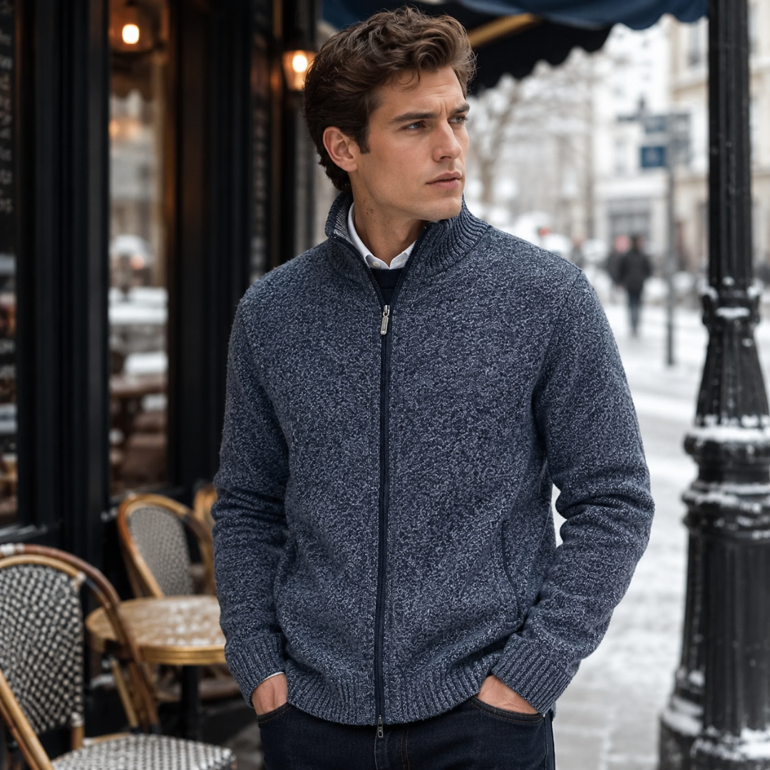 Cardigan uomo blu navy in maglia lavorata con zip e polsini a coste