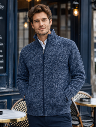 Cardigan uomo blu melange con collo alto, zip integrale e tasche laterali