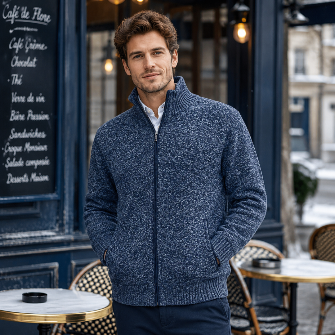 Cardigan uomo blu melange con collo alto, zip integrale e tasche laterali
