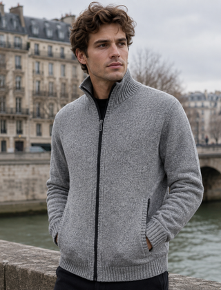 Cardigan uomo grigio chiaro con zip integrale e collo alto a coste