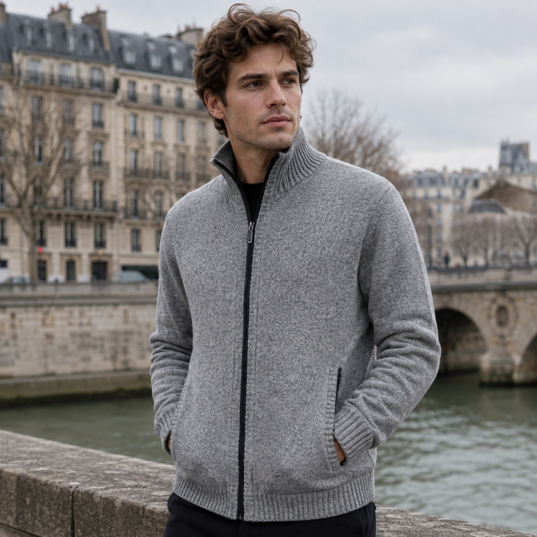 Cardigan uomo grigio chiaro con zip integrale e collo alto a coste