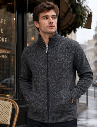 Cardigan uomo grigio scuro con collo alto, zip integrale e fondo a coste