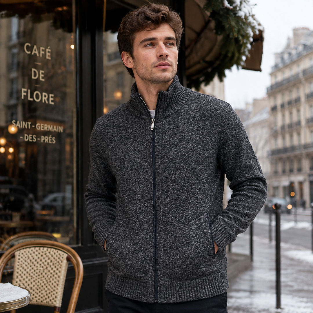 Cardigan uomo grigio scuro con collo alto, zip integrale e fondo a coste