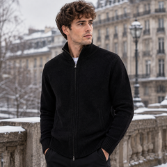 Cardigan uomo nero in maglia a rilievo con zip integrale e tasche