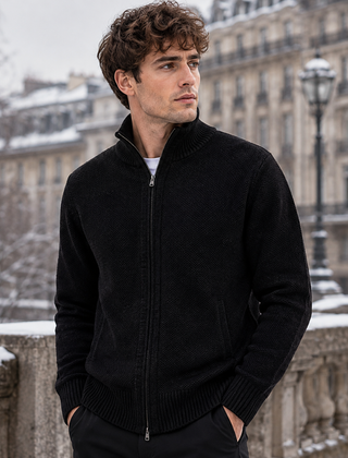 Cardigan uomo nero in maglia a rilievo con zip integrale e tasche