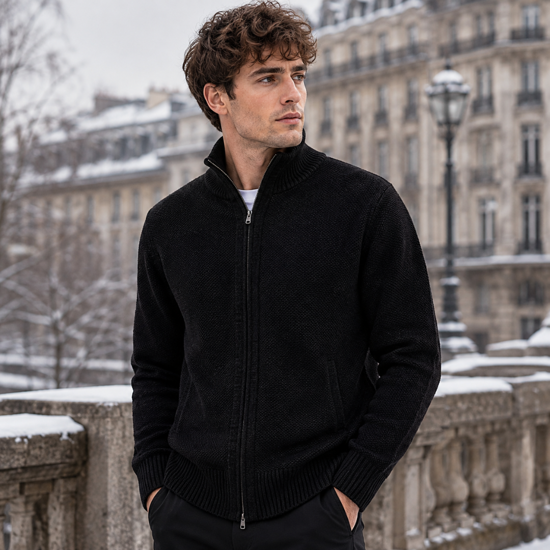 Cardigan uomo nero in maglia a rilievo con zip integrale e tasche