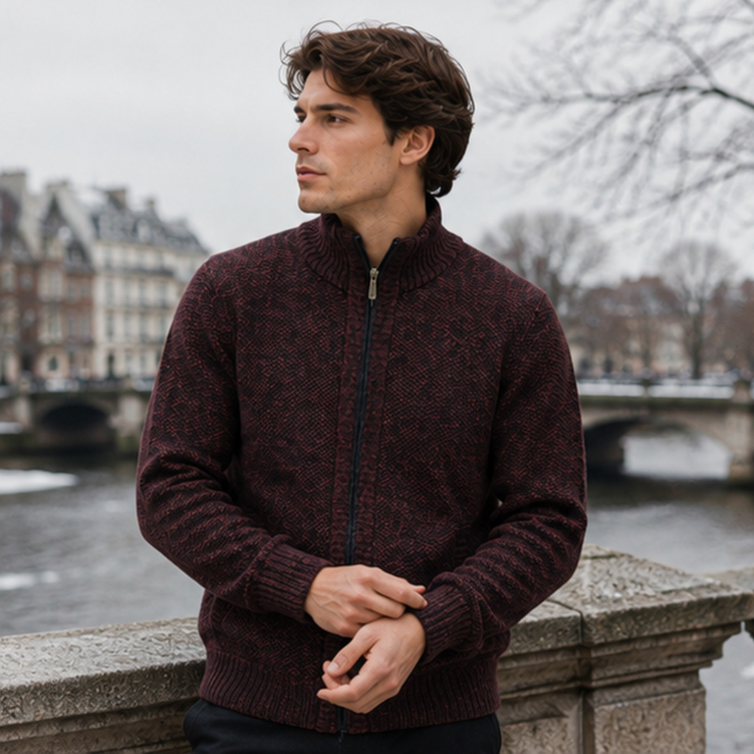 Cardigan uomo rosso con collo alto a coste e maglia lavorata a rilievo