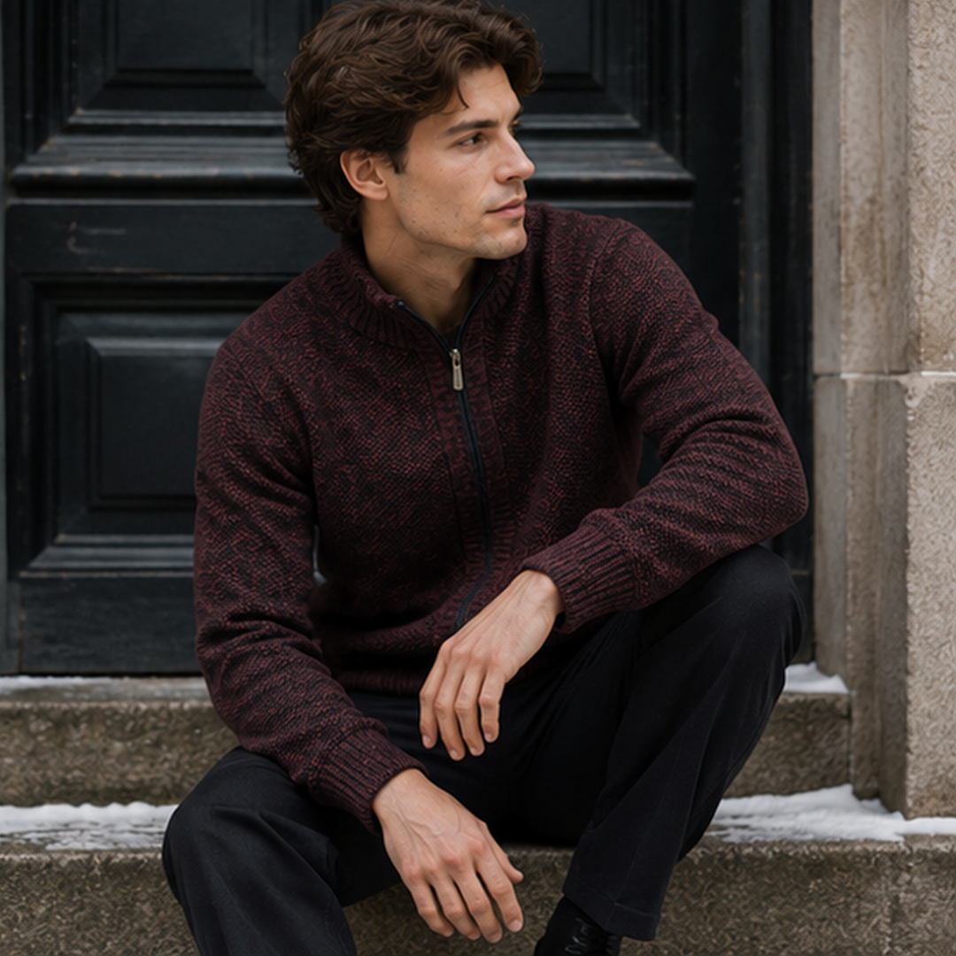 Cardigan uomo rosso in maglia a rilievo con polsini e fondo a coste
