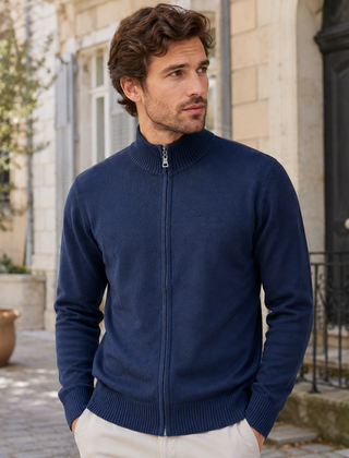 Cardigan uomo blu navy in maglia con zip integrale e collo alto a coste