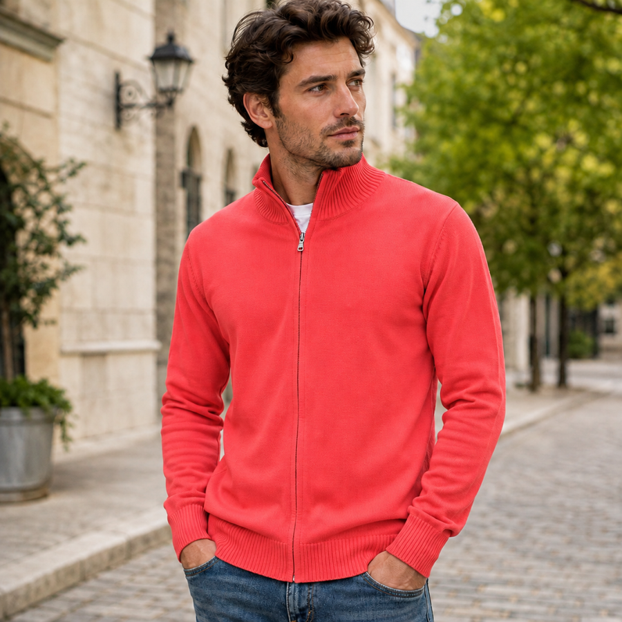Cardigan uomo corallo in maglia con cerniera centrale e collo alto a coste