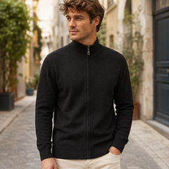 Cardigan uomo nero con cerniera centrale, collo alto e bordi a coste