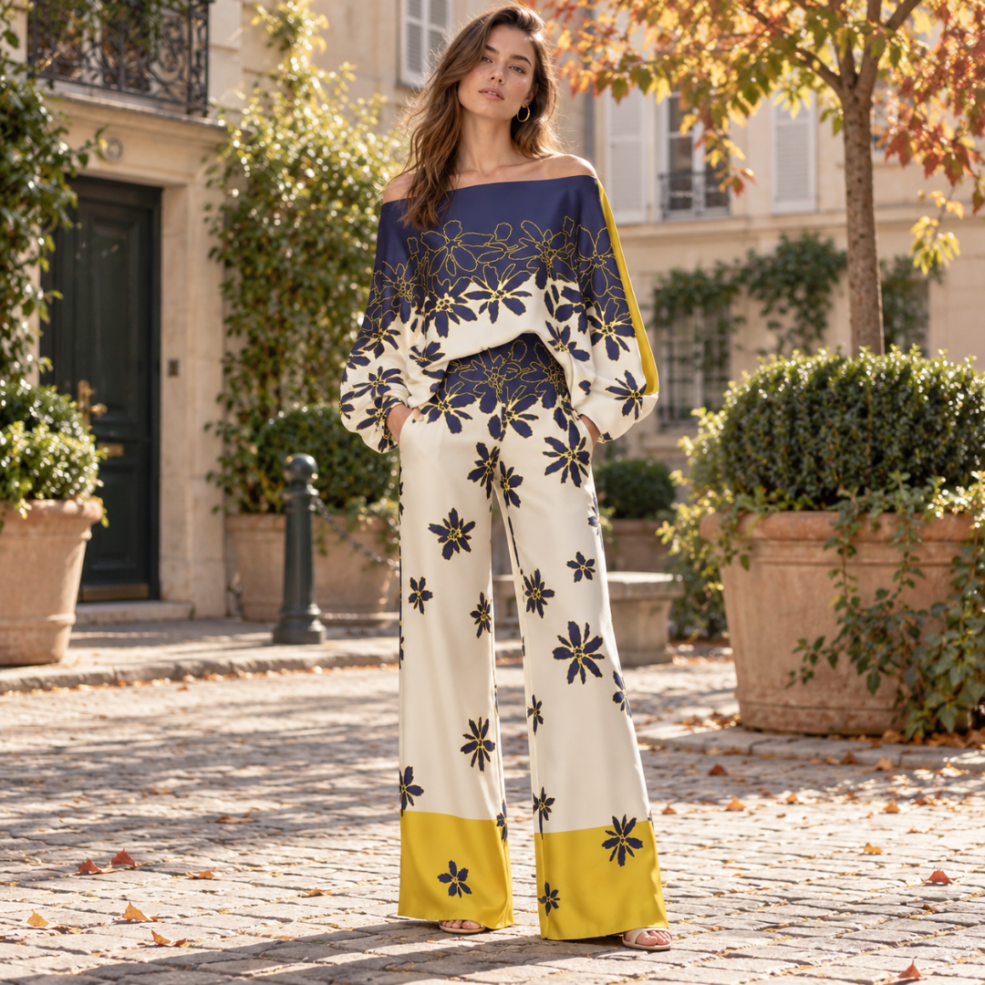 Completo bianco multicolore con fiori blu e bordo giallo sui pantaloni larghi