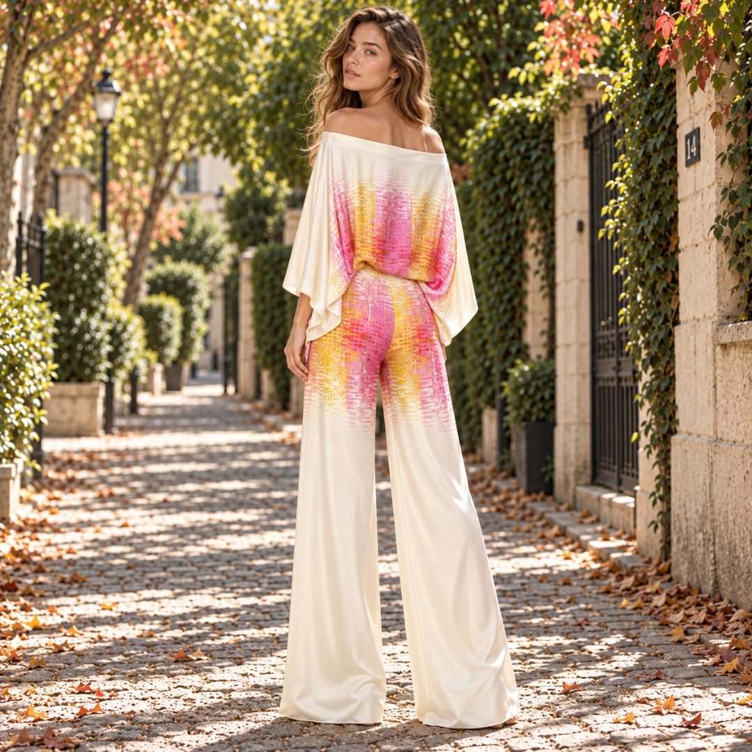 Retro del completo rosa con top a spalle scoperte e pantaloni larghi