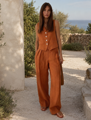 Completo donna arancione con gilet a bottoni e pantaloni a gamba larga