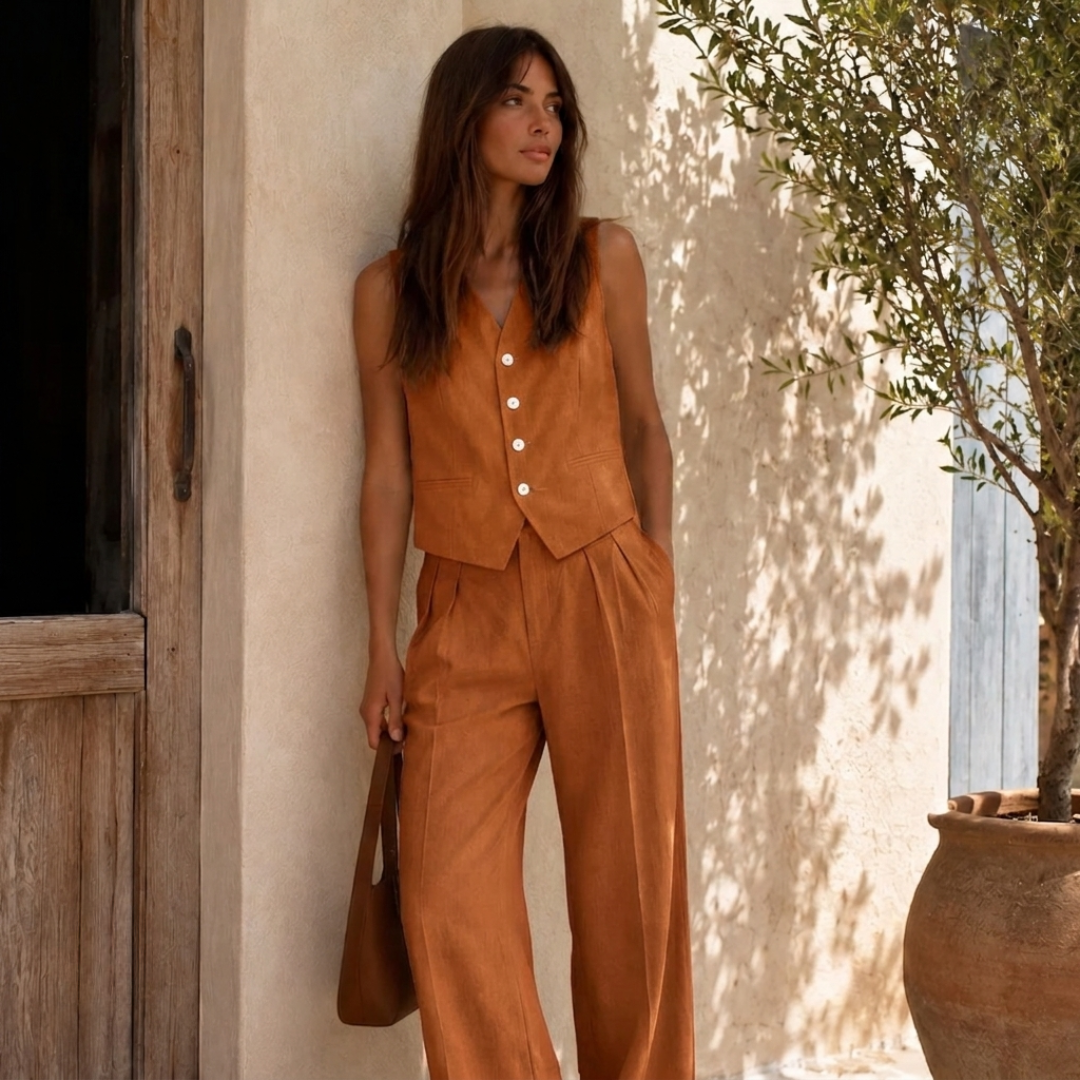 Dettaglio del gilet arancione con scollo a V e tasche a filetto