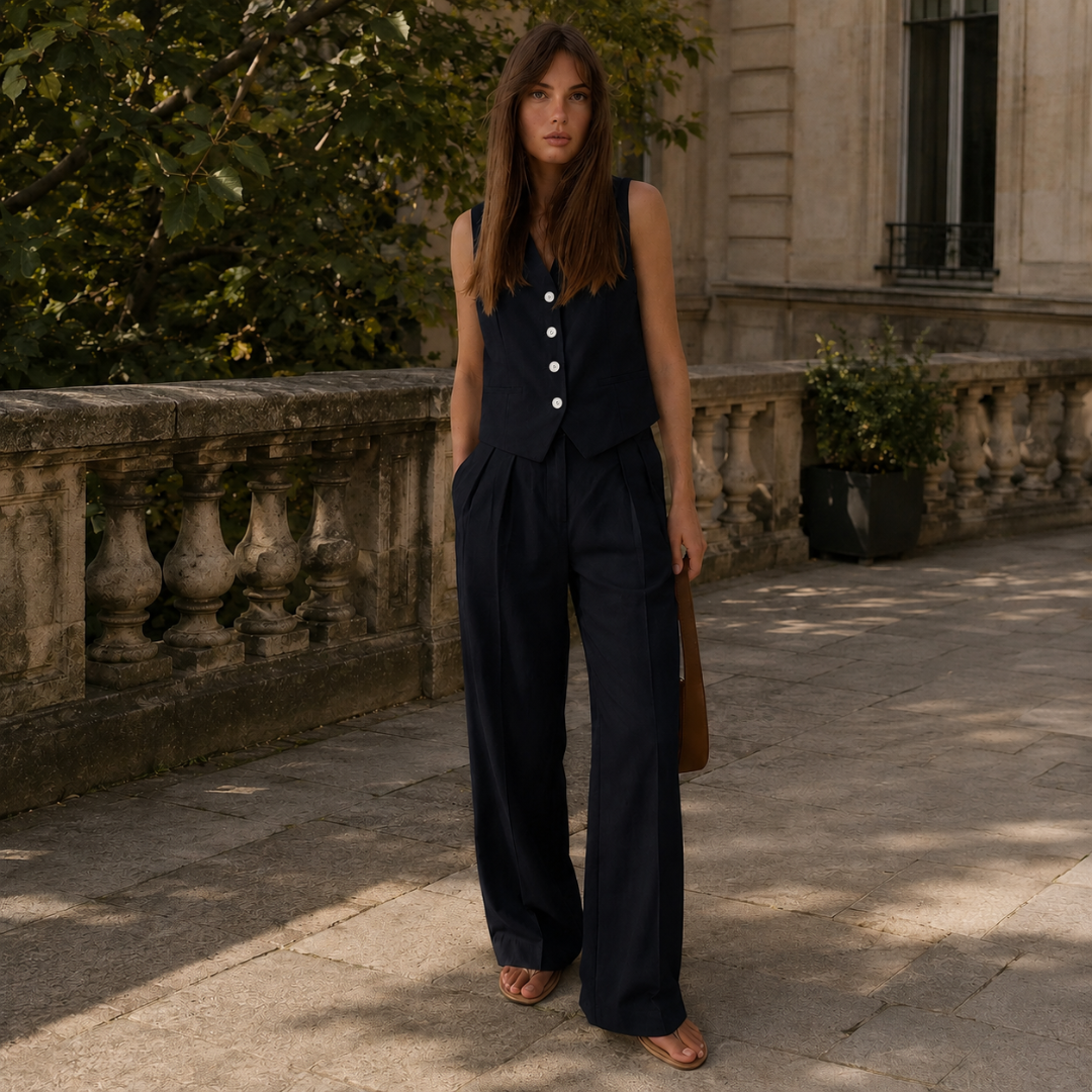 Completo donna nero con gilet a bottoni chiari e pantaloni a gamba larga