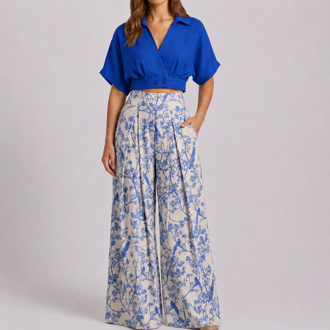 Completo donna blu con crop top scollo incrociato e pantaloni ampi a stampa floreale