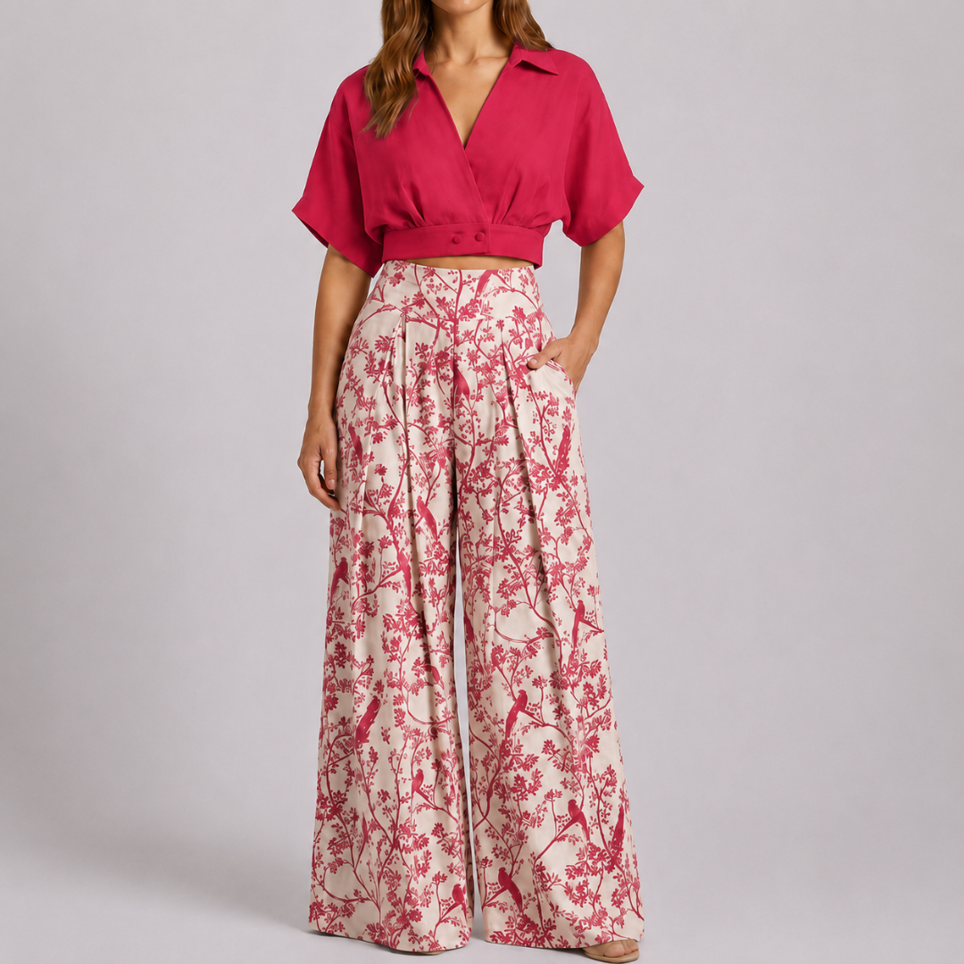Completo donna fucsia con top incrociato e pantaloni palazzo a stampa floreale, vista frontale