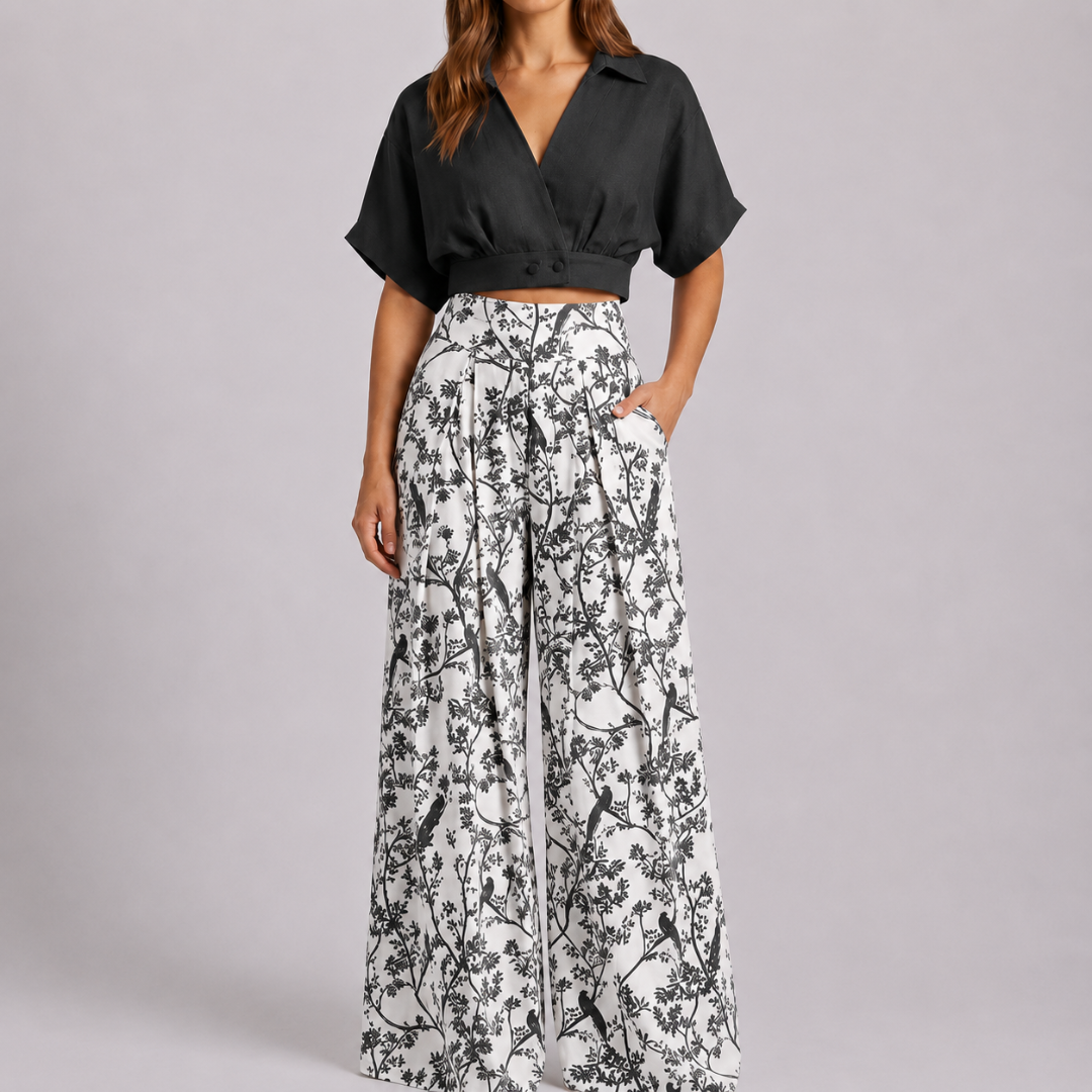 Completo donna nero con crop top e pantaloni palazzo bianchi a stampa floreale