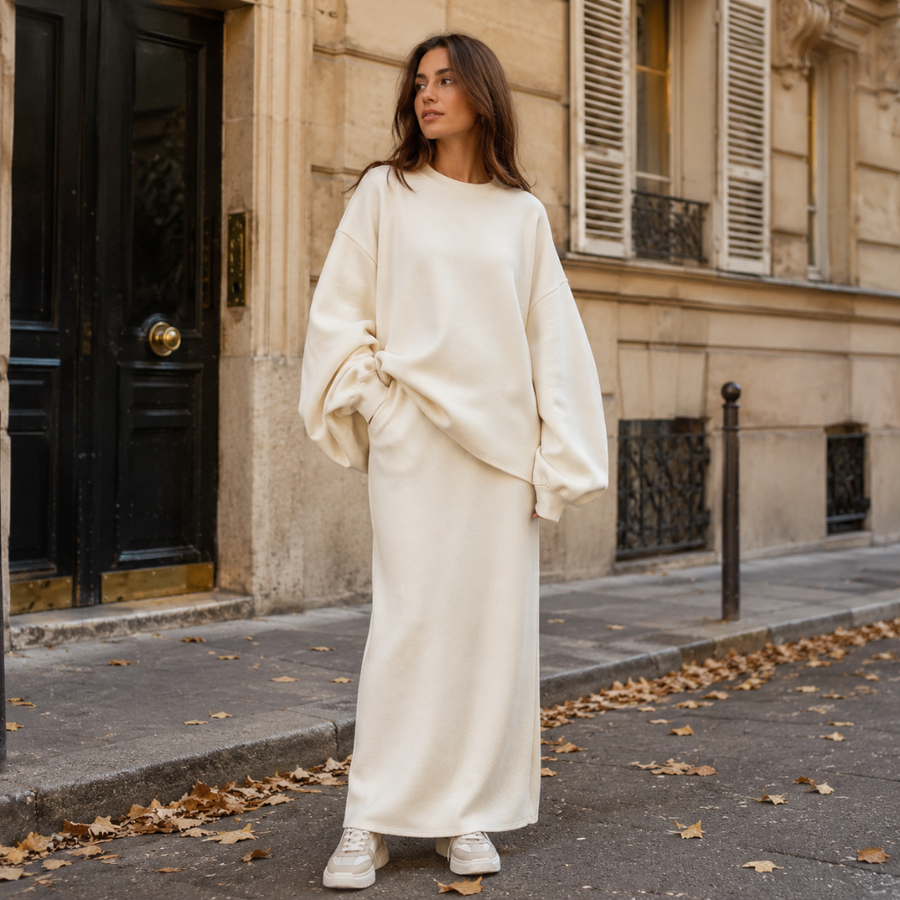 Completo donna bianco con felpa a girocollo e gonna lunga, maniche ampie arrotolate
