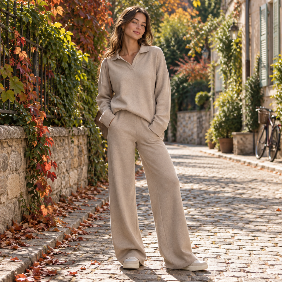 Completo beige in maglia con scollo a V e gamba larga