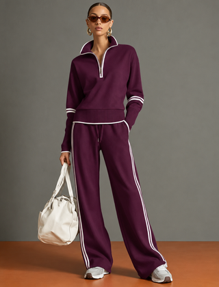 Completo donna bordeaux con mezza zip e righe bianche sui pantaloni
