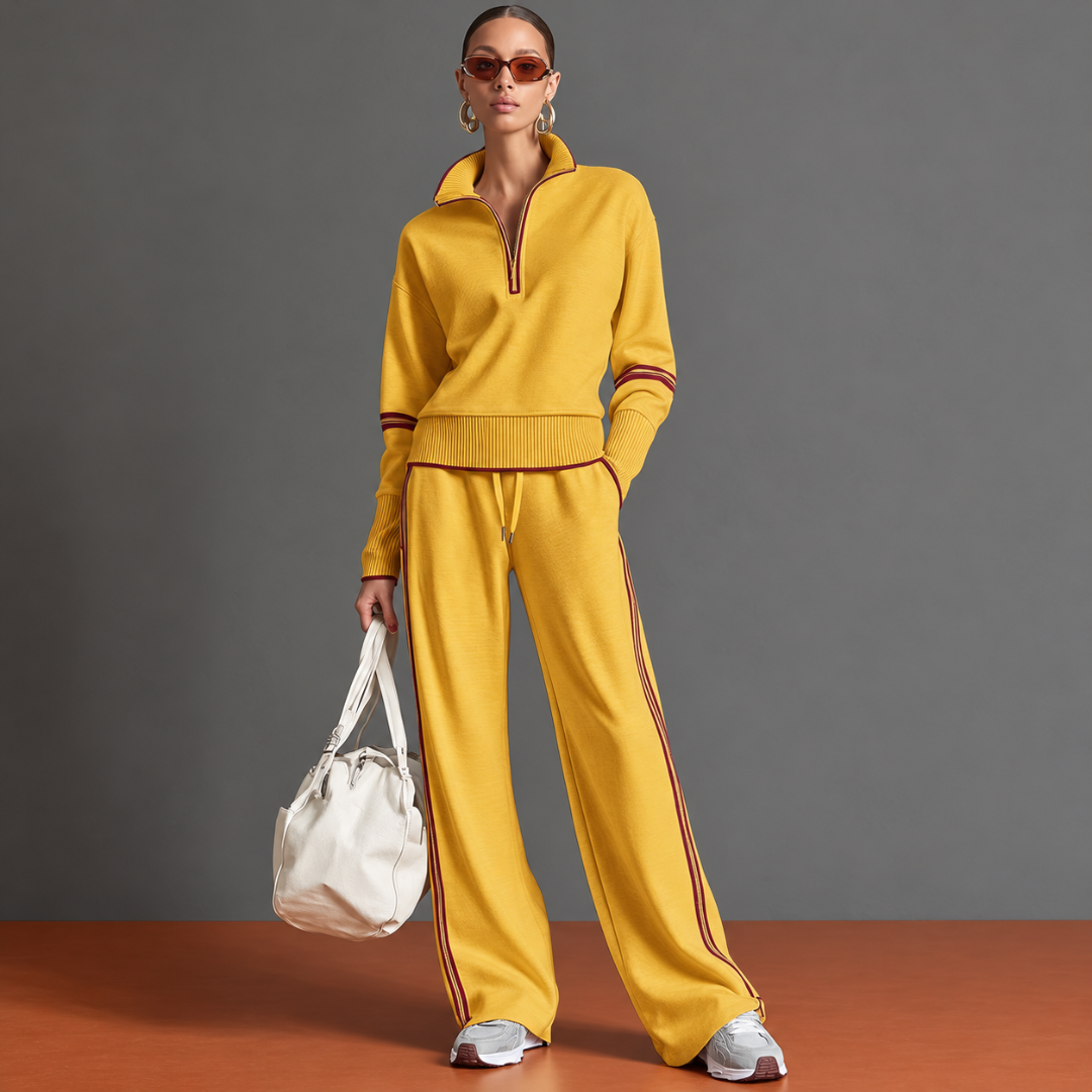 Completo donna giallo con mezza zip e pantaloni larghi a righe laterali