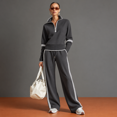 Completo donna grigio scuro con righe bianche e cordoncino in vita