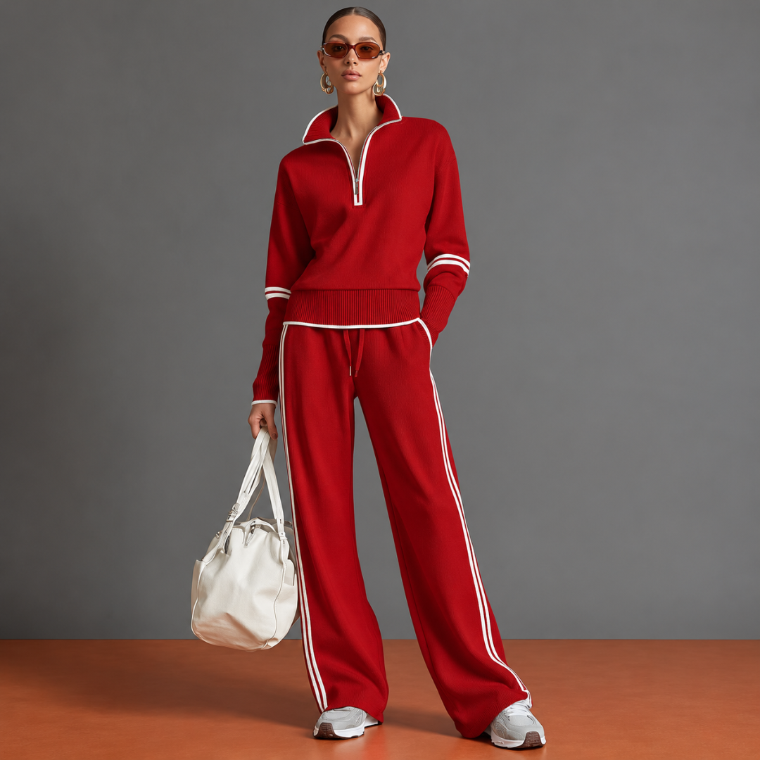 Completo donna rosso in maglia con profili bianchi e collo alto