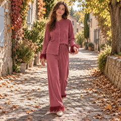 Completo bordeaux effetto glitter con collo alla coreana e coulisse in vita