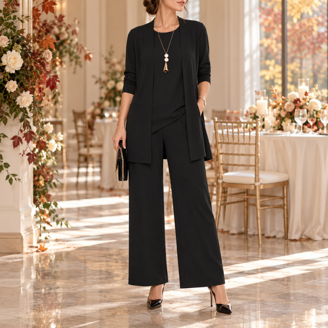 Completo donna nero tre pezzi con giacca aperta e pantaloni larghi