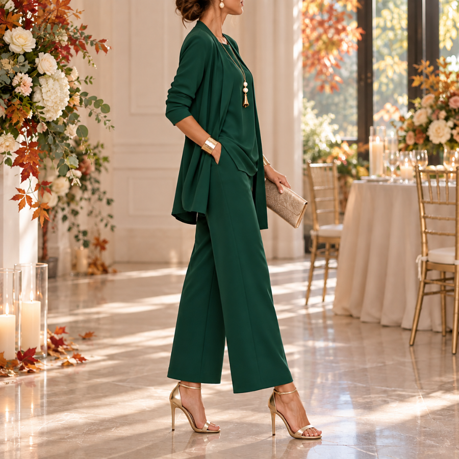 Completo donna verde scuro di profilo con giacca morbida e pochette dorata