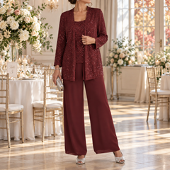 Completo bordeaux con giacca a paillettes e pantaloni larghi da cerimonia