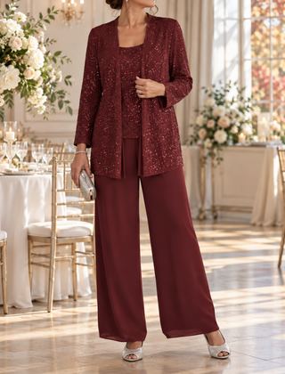 Completo bordeaux con giacca a paillettes e pantaloni larghi da cerimonia