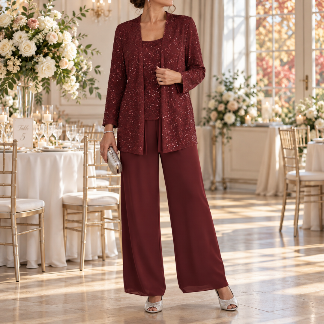 Completo bordeaux con giacca a paillettes e pantaloni larghi da cerimonia