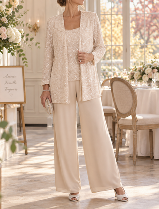 Completo donna champagne tre pezzi con giacca a paillettes e pantaloni fluidi