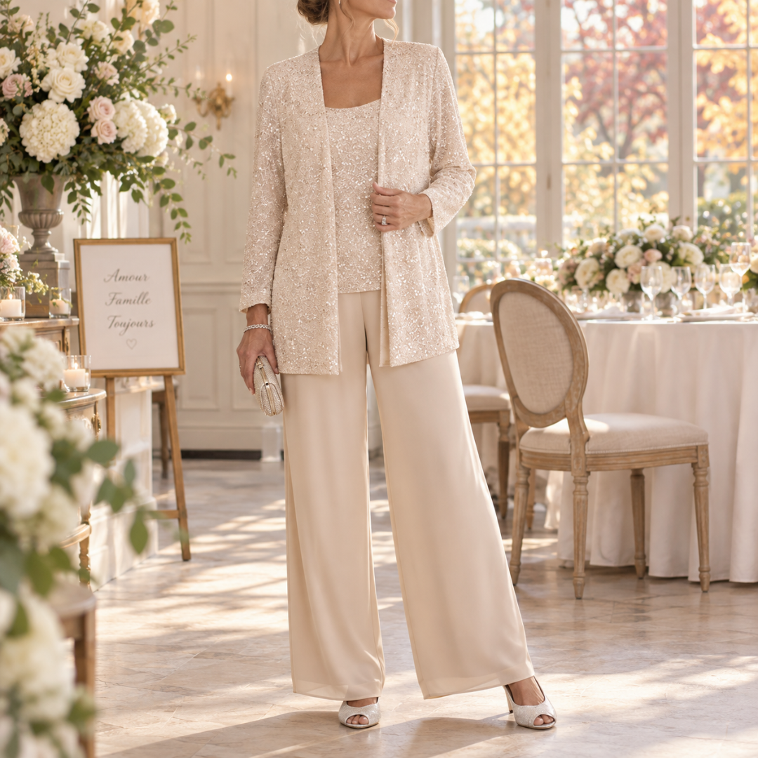 Completo donna champagne tre pezzi con giacca a paillettes e pantaloni fluidi
