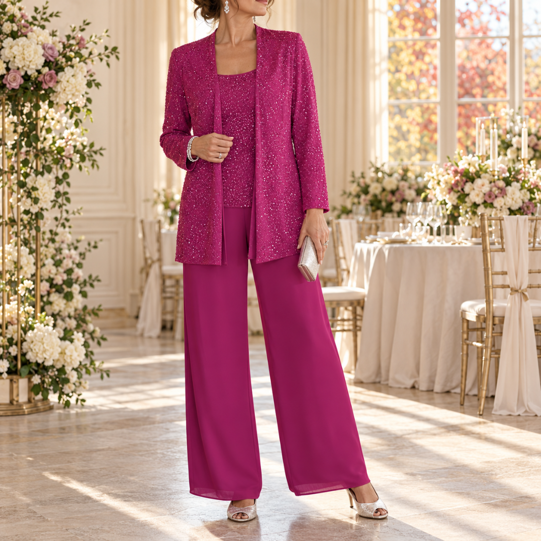 Completo fucsia tre pezzi con giacca brillante e top dallo scollo quadrato