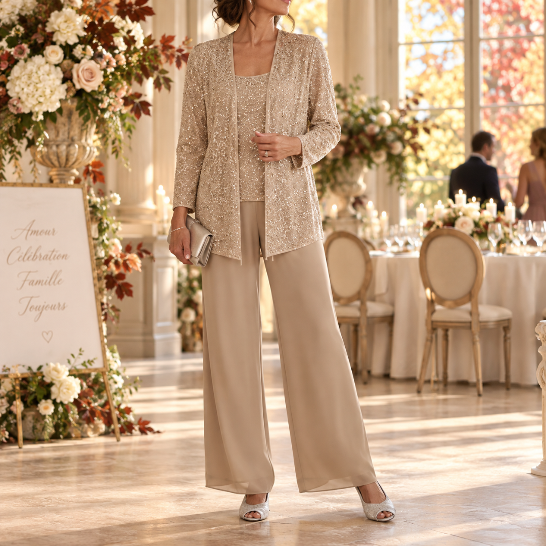Completo kaki con giacca traforata a paillettes e pantaloni a gamba larga