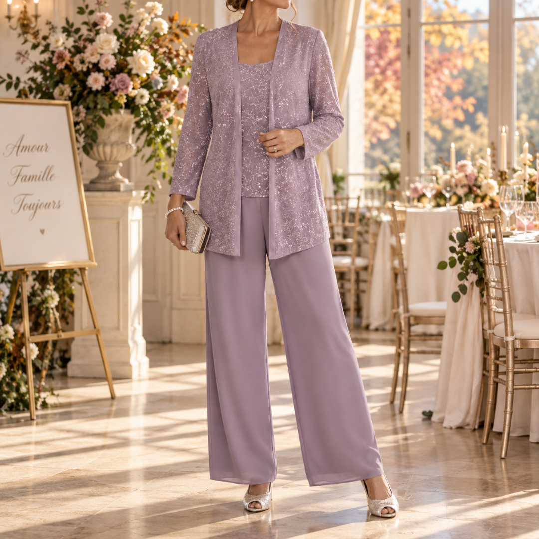 Completo lilla con giacca a paillettes e pantaloni fluidi a gamba larga